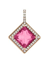 10K Rose Gold 8.00x8.00mm Princess Cut Pink Tourmaline and Diamond Pendant