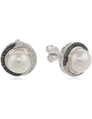 Sterling Silver Freshwater Cultured Pearl with Black and White Diamonds Stud Earrings