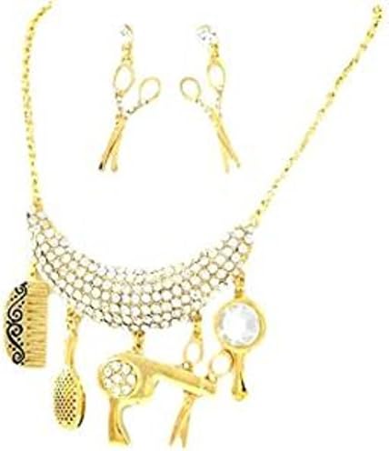 Hair Stylist Necklace Earring Set G2 Rhinestones Scissor Dryer Mirror Comb Big