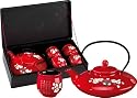 Service "Fleur de Prunier" Rouge Fleurs Blanches (Th&eacute;i&egrave;re 0,7L + 4 Tasses 10Cl) dans Coffret Bois