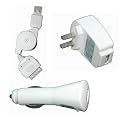 3 in 1 iPod Charger Kit, Home/Travel Charger, Car Charger, Retractable USB kit.