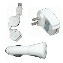 3 in 1 iPod Charger Kit, Home/Travel Charger, Car Charger, Retractable USB kit.