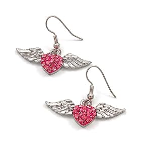 Silvertone Pink Rhinestone Angel Wing Dangle Earrings Fashion Jewelry