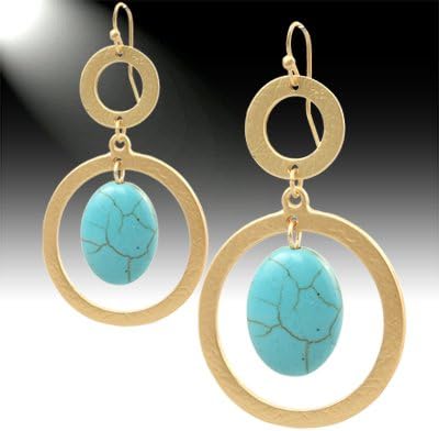 -Semi-precious Earrings -2.3" Long, Gold and Turquiose
