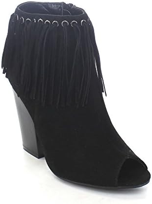 ADIRANA JARLYN-33 Women's Stacked Chunky Heel Peep Toe Fringe Ankle Boots, Color:BLACK, Size:6