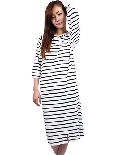 MIKA&MAYA ワンピース パジャマ ルームウエア ボーダー ロング丈 部屋着 レディース 白