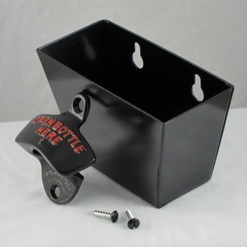 Black OPEN BOTTLE HERE Combo Wall Mount Bottle Opener and Metal Cap Catcher Set