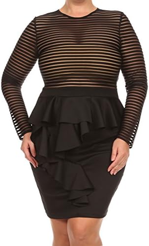plussizefix Women's Plus Size Foxy Ruffle Skirt Mesh Stripes Dress 1X Black