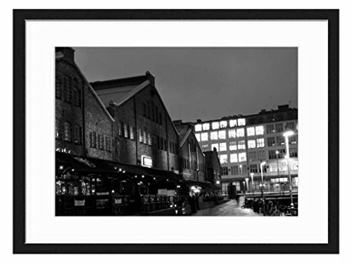 HDR image of Trondheim at Night - Art Print Wall Solid Wood Framed Picture (Black & White 24x16 inches)