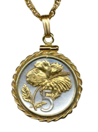 Gorgeous 2-toned 24k Gold on Sterling Silver World Coin Necklaces in Gold Filled Bezels - Cook Islands 5 cent "Hibiscus" (penny size)