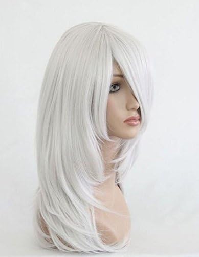 HI GIRL Medium Length Straight Full Wigs Cosplay Costume Party Hair Wigs (White)