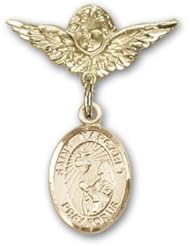 14K Gold Baby Badge with St. Margaret Mary Alacoque Charm and Angel with Wings Badge Pin