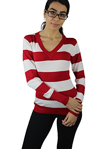 Alfa Global Women's Long Sleeve V-Neck Striped Ultra Soft Knit Sweater Top Red-White L