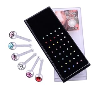 Kadima Body Piercing Jewelry 40 pc/Box 20G Surgical Stainless Steel Nose Ring Stud with Round Gems