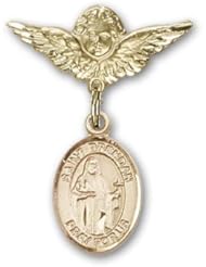 Gold Filled Baby Badge with St. Brendan the Navigator Charm and Angel with Wings Badge Pin