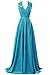 R&J Women's Modest V Neck Open Back Chiffon Long Evening Gown with Lace