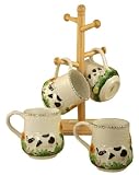 COFFEE,TEA MUGS WITH WOOD RACK FARM COW DECOR