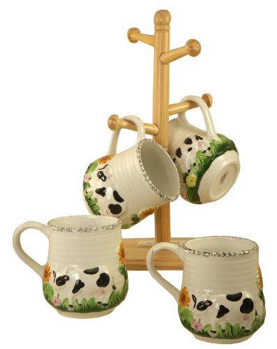 COFFEE,TEA MUGS WITH WOOD RACK FARM COW DECOR