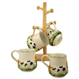 COFFEE,TEA MUGS WITH WOOD RACK FARM COW DECOR by ACK