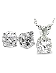1.00 Ctw Diamond Studs and Pendant Set with Chain GH/SI2-I1 14K White Gold
