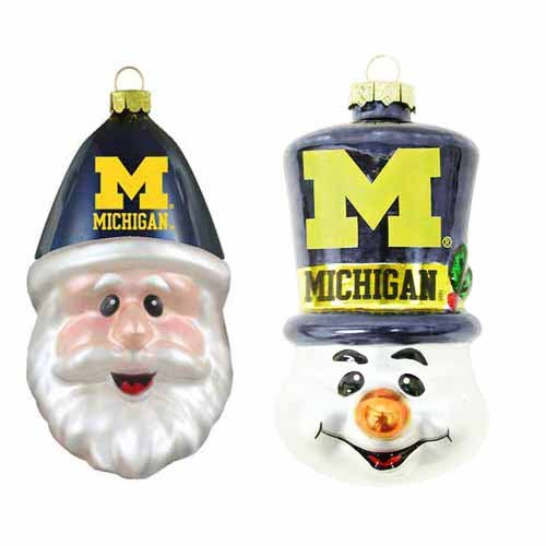 University of Michigan Wolverines Santa Cap and Top Hat Snowman Ornaments