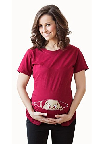 Womens Caucasian Peeking Baby Pregnancy Maternity T-shirt (Cardinal)
