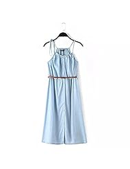 Denim Sleeveless General Print Midi Dress  With a Sash 