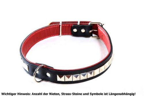 HUNDEHALSBAND ECHT LEDER NIETEN SCHWARZ ROT 45cm
