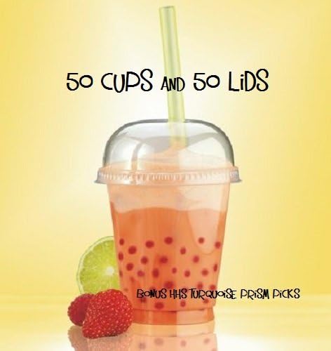 Clear Plastic Cup 8 oz and Dome Lid with hole, PACK of 50 w/Bonus Turquoise 4.5" Prism Picks