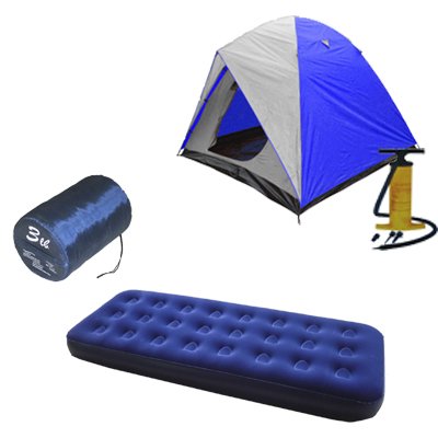 4 Person Dome Tent, Single Size Air Mat, 3lb Sleeping Bag, and Pump Combo