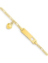 14k Yellow Gold Engravable Figaro Link w/Dangling Heart Baby/Child ID Bracelet