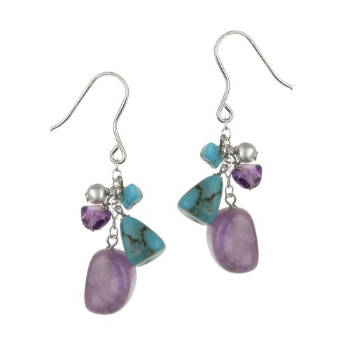 Sterling Silver Bead,  Turquoise and Amethyst Linear Drop French Wire Earrings