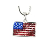 White Gold Plating Patriotic USA American Flag Crystal Charm Pendant Necklace Elegant Trendy Americana Fashion Jewelry