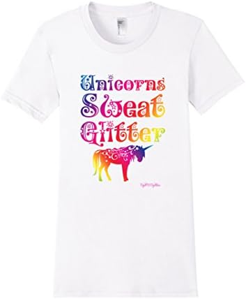 Women's Unicorns Sweat Glitter Workout Fantasy Fairy Tale Gym Tee Large White