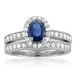 Milgrain Sapphire Engagement Ring Diamond Wedding Ring Bridal Set in 18k White Gold Halo Ring (G, SI1, 1.62 cttw), 7x5mm