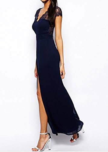 Forvery Women Lace V Neck Splice Chiffon Cap Sleeves High Split Long Evening Dress L