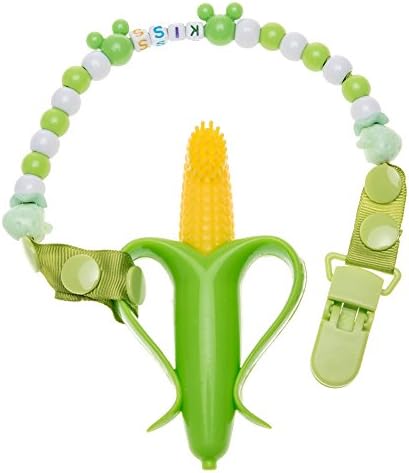 Mom Miya Baby Corn Or Banana Bendable Training Toothbrush With Hain Set For Infants (Corn+Green chain)