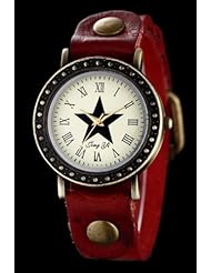 Youyoupifa Ladies Polka Dot Large Star Roman Numerals Red Leather Strap Quartz Wrist Watch