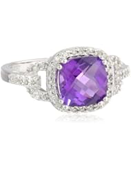 10k White Gold, Cushion-Cut Amethyst, and White Diamond Ring, Size 7