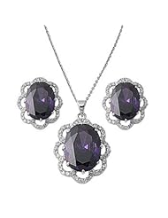 Sterling Silver Oval Amethyst Earrings and Necklace Jewelry Set with Clear CZ