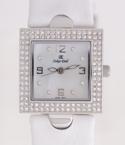 Oskar Emil St Raphael's Ladies White Leather Watch with Swarovski Crystal Set Bezel and Mother of Pearl Dial