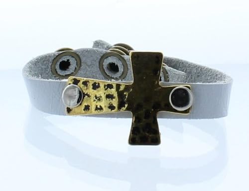 Charlie Biker Bracelet, Men or Womens Leather Bracelet with Secret Hidden Zipper Compartment, Approx 8-9" Adjustable, White Leather with Antique Gold Hammered Cross.