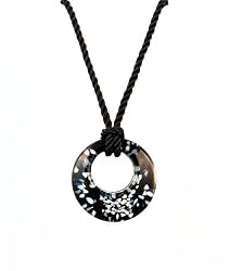 Necklace - N435 - Open Round Murano Glass ~ Black and White hung on Triple Strand Twisted Black Satin / Silk Cord + 2" Extension Chain (17")