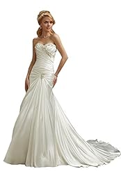 A-line Strapless Sweetheart Corset Dropped   Waistline Beaded Lace-Up Ruched Gathered Fit-and-Flare Satin Wedding Dress 