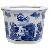 Buy Flower Pot with Blue Landscape Design in White by ORIENTAL FURNITURE