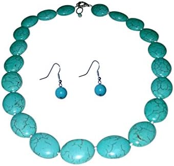 Oval Simulated Turquoise Bead Necklace and Earrings