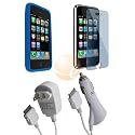 Blue Silicone Skin Case + Rapid Car Charger + Home Travel Charger + Clear Reusable LCD Screen Protector for Apple Iphone 3G 2nd Generation Smartphone