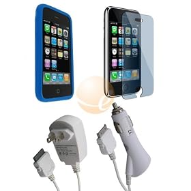 Blue Silicone Skin Case + Rapid Car Charger + Home Travel Charger + Clear Reusable LCD Screen Protector for Apple Iphone 3G 2nd Generation Smartphone