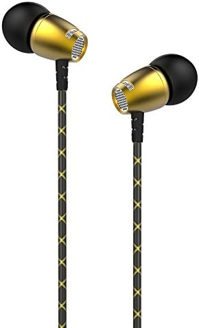 FlexLos 3.5mm Stereo Earbud Super Bass Noise Isolating In-ear Metal Earphone, Headphone with Microphone (470-Gold)