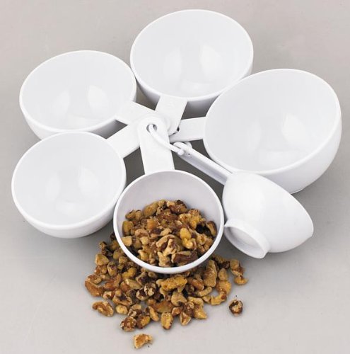 NEW, Progressive 6-Piece Simple-Round Measuring Cup Set, Measuring Cup, Half-Bowl Design w/Levling Base-Stand, White Plastic, Dishwasher Safe